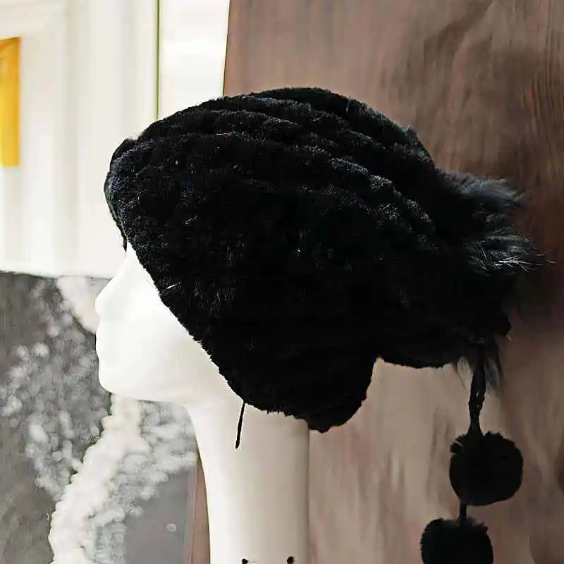 Winterfellmütze für Damen aus echtem Rex-Kaninchenfell mit Schal, gestreift, warme Kopfbedeckung, modische Ananas-Mütze, flauschiges Accessoire – Detail 6
