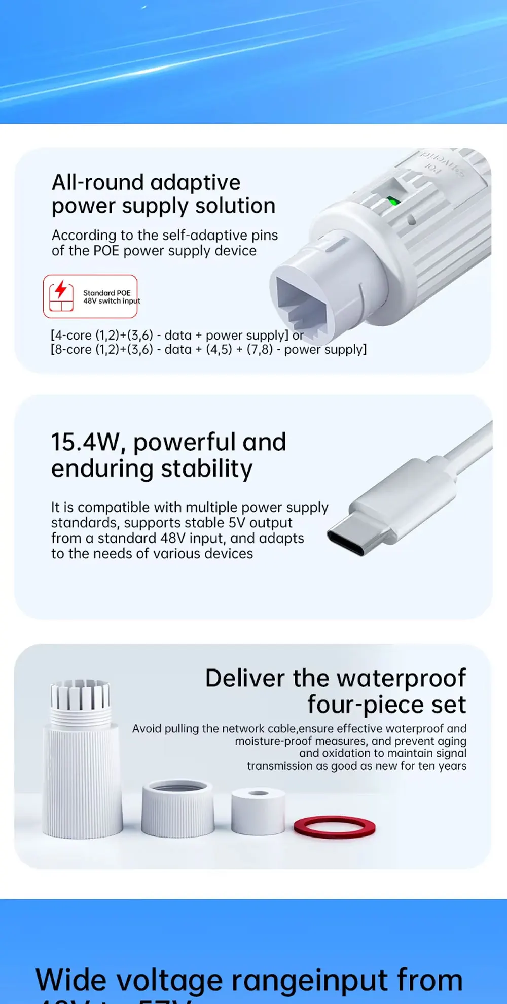 48V zu 5V Wasserdichter PoE-Konverter, RJ45-Anschluss zu Typ-C 5V/2A, IEEE802.3 AF/AT Power Over Ethernet für Typ-C Passive 5V Geräte – Detail 9