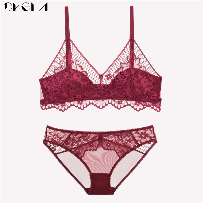Women Red Bra And Panties Set Thin Cotton Lingerie Embroidery Lace Brassiere Triangle Cup Wire Free Bras Sexy Underwear Sets