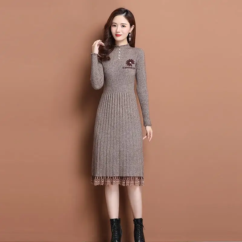 Oversize Women Long Dress For Autumn Winter Vertical Grain Wave Half High Collar Pullover Slim Bottom Sweater Lady Dresses