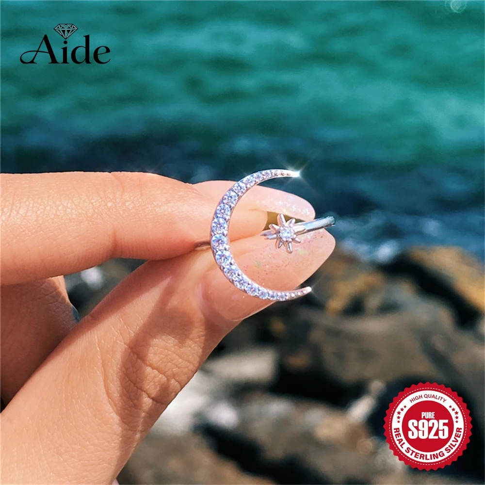 

AIDE S925 Стерлингового Серебра Любовь Одиночная Муассанит Бриллиантовая Цепочка Регулируемое Кольцо Звезда И Луна Открытое Кольцо Романтический Обещанный Подарок