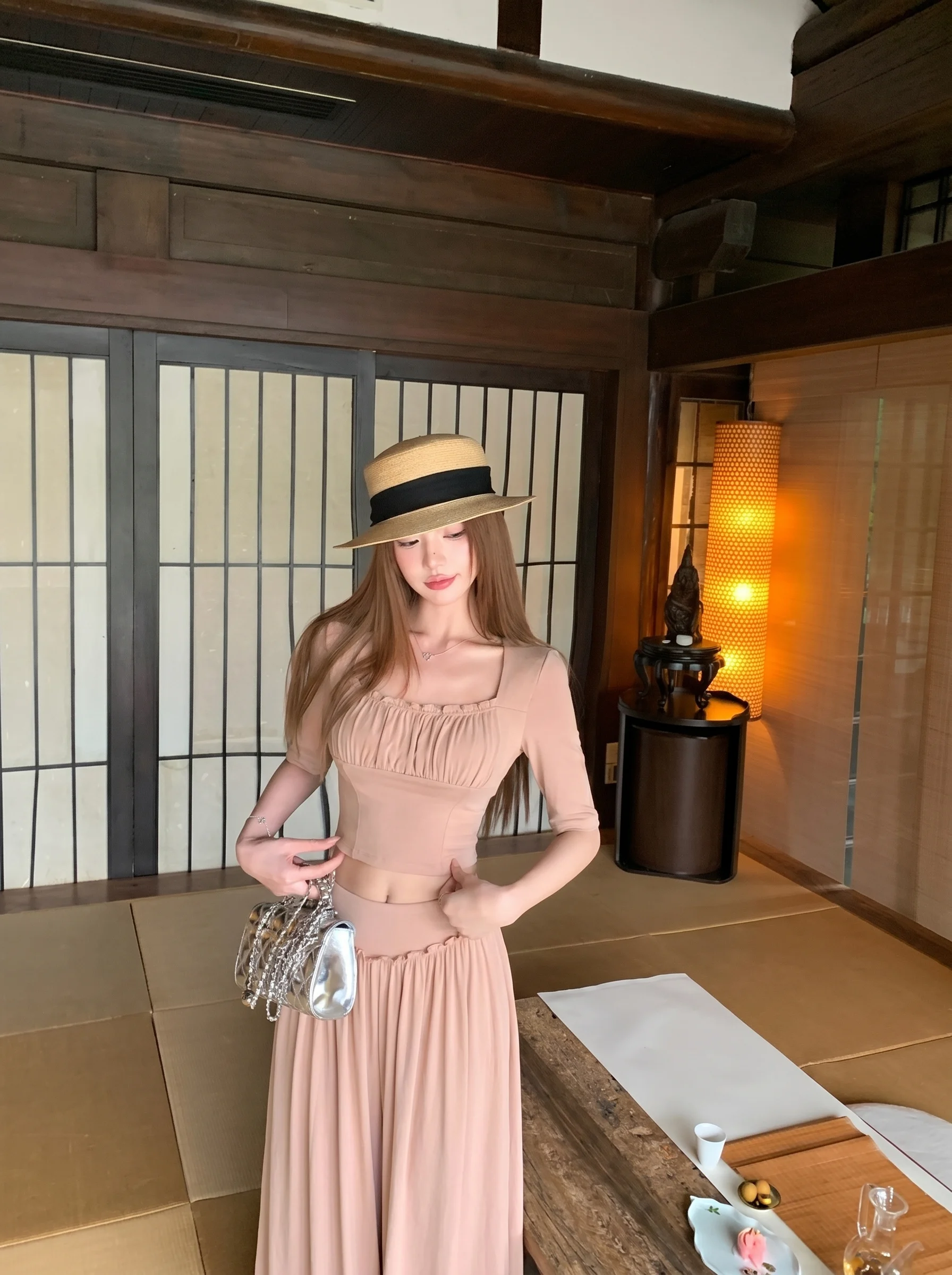 

Pink Square Collar Pleated Short Women's Summer Gentle Style High Waist Slimming Wide Leg Pants Two-Piece Set Fashionable