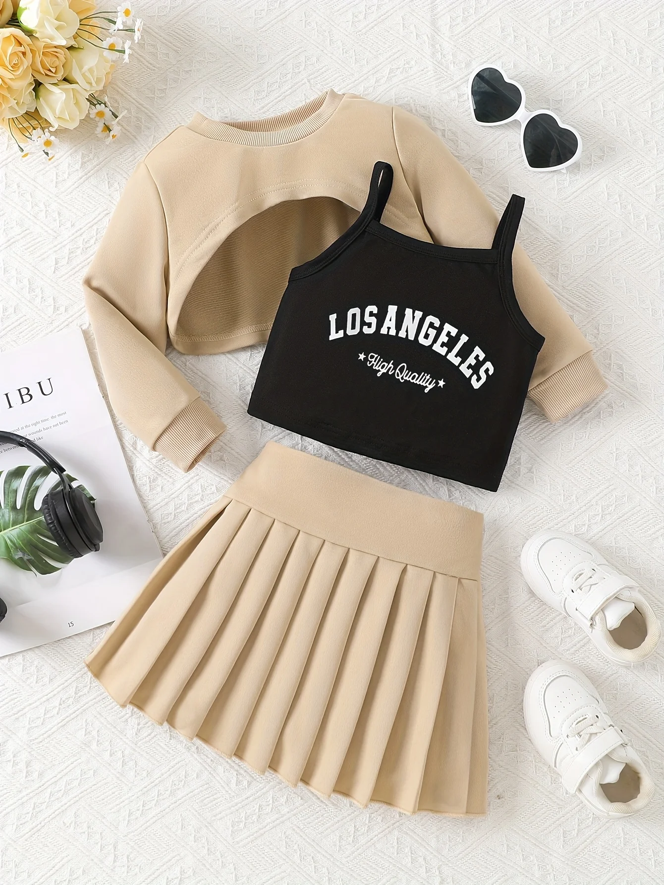 Spring Autumn Infant Toddler Girls Pure Color Long Sleeve Cover up Letter Print Black Strap Gored Skirt Casual Three Piece Set