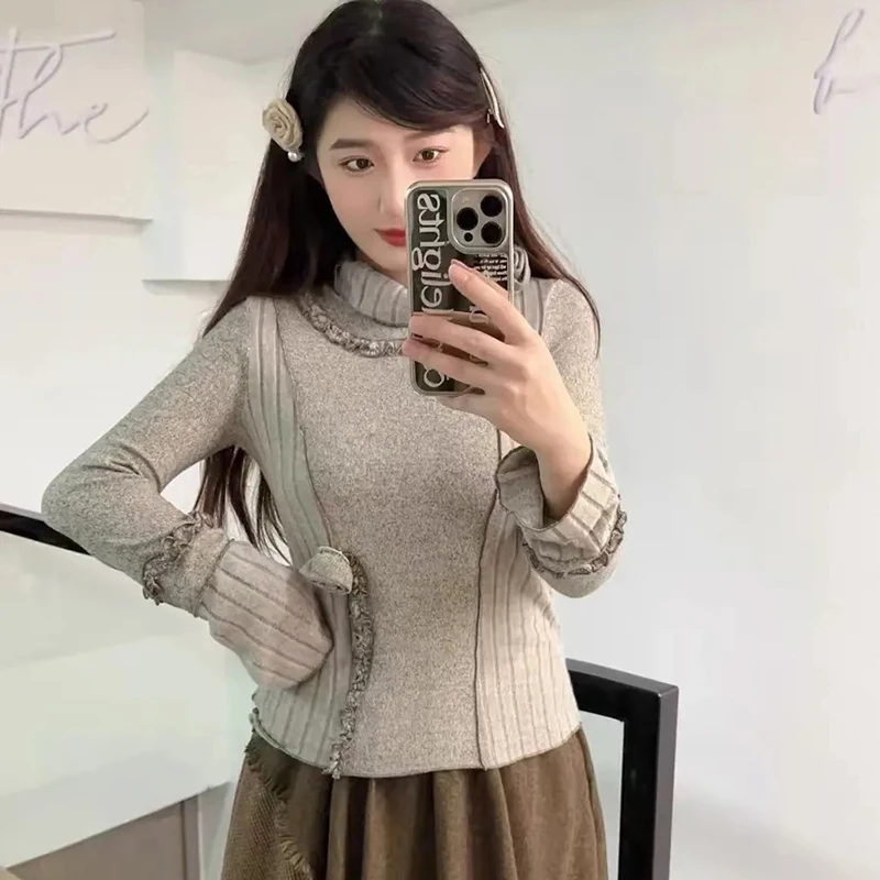

3D Floral Pleated Patchwork Knit Sweater Grey Asymmetric Long Sleeve Slim Jumpers Harajuku Y2K Solid Sweet Streetwear