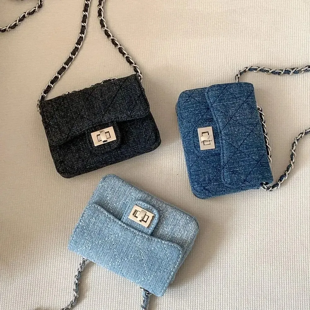 Casual Solid Color Chain Bag Embroidery Thread Denim Handbag Horizontal Small Square Bag Shoulder Purse сумка женская شنط 미니백