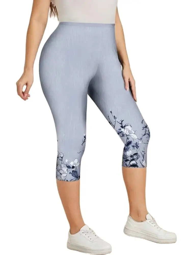 Floral floral print elastic elastic waist tight casual leggings slim cropped pants for women