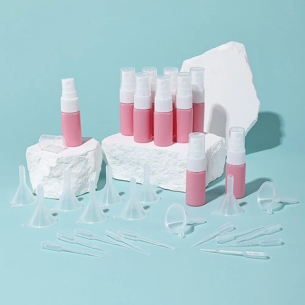 10pcs 10ml White Spray Head Pink Glass Empty Refillable Bottles with 10 Funnels 10 Droppers Cosmetic for Perfume Essential Oils