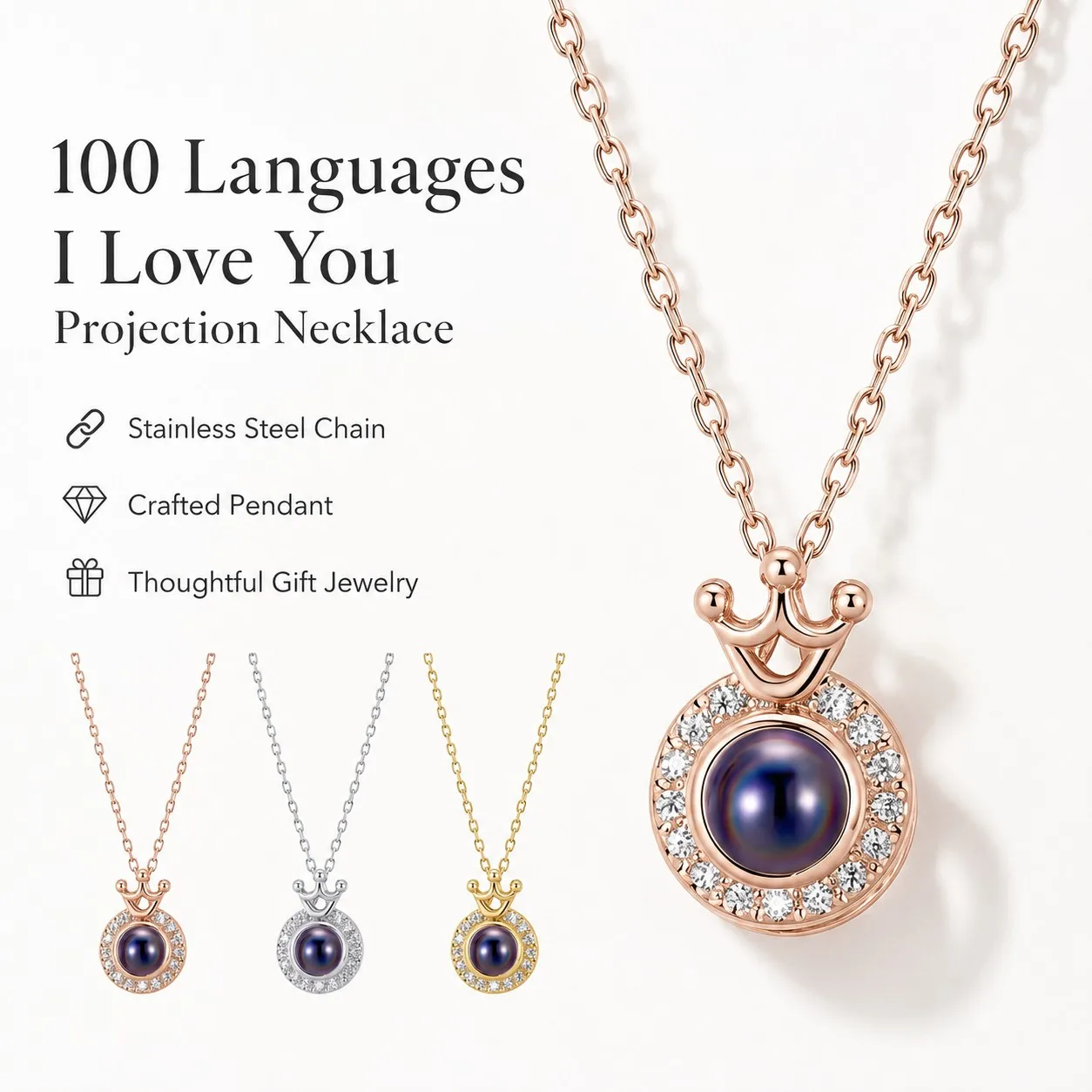 100 Languages Projection Necklace Crown Zircon Pendant With Rose Gift Box For Wife Girlfriend Women Christmas Valentine Birthday