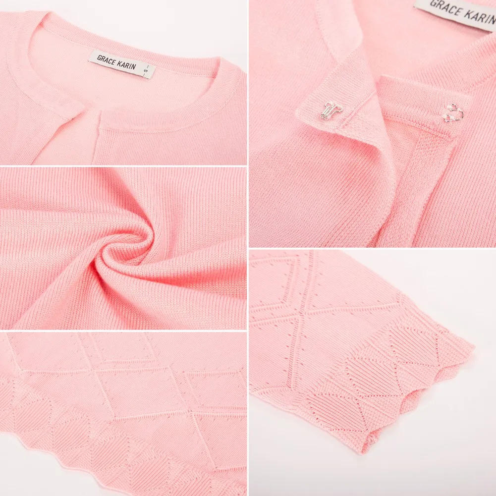 Belle Poque Women Cropped Cardigan Sweater Vintage Hollow Out Casual Tops Ladies 3/4 Sleeve Scalloped Trim Knitwear A30