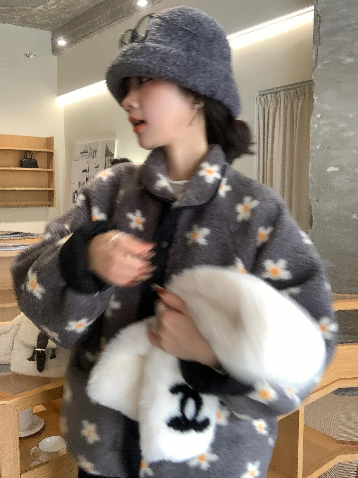 韓国 Sle 甘いかわいいラムファーコート女性の暖かさふわふわ花柄アウター春秋冬ファイオンストリートウェア