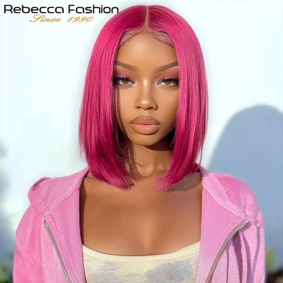 

Rose Pink Lace Front Wig Human Hair Straight Human Hair Bob 180% Density Pre Plucked Transparent Lace Peruvian Human Hair Wigs