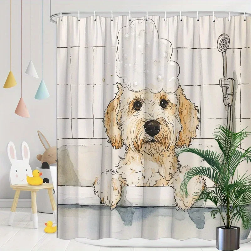 ~O~Curly-Haired Dog Shower Curtain - Watercolor Design, Washable Polyester, 12 Hooks, 70.8x70.8 Inches, Easy Installation