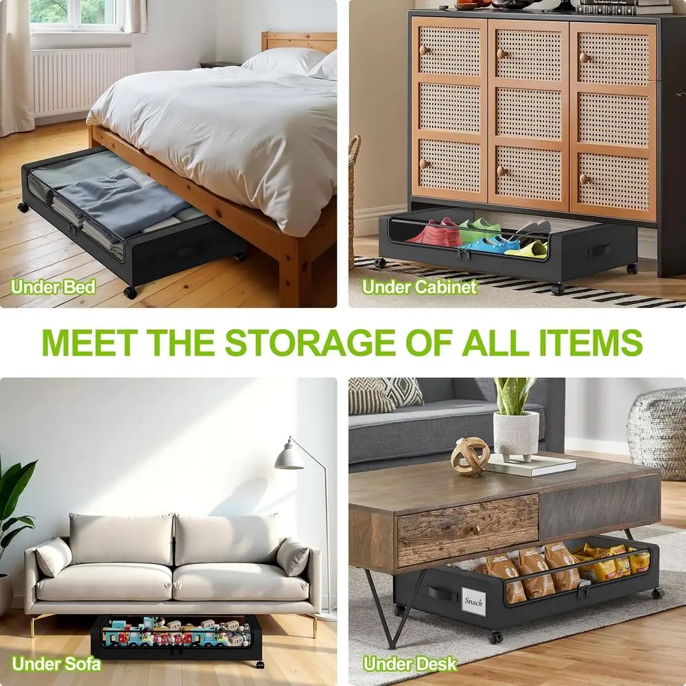 Paquet de 4 boîtes de rangement à roulettes sous le lit avec dessus transparents, organisateur pour chaussures, vêtements et couvertures en noir