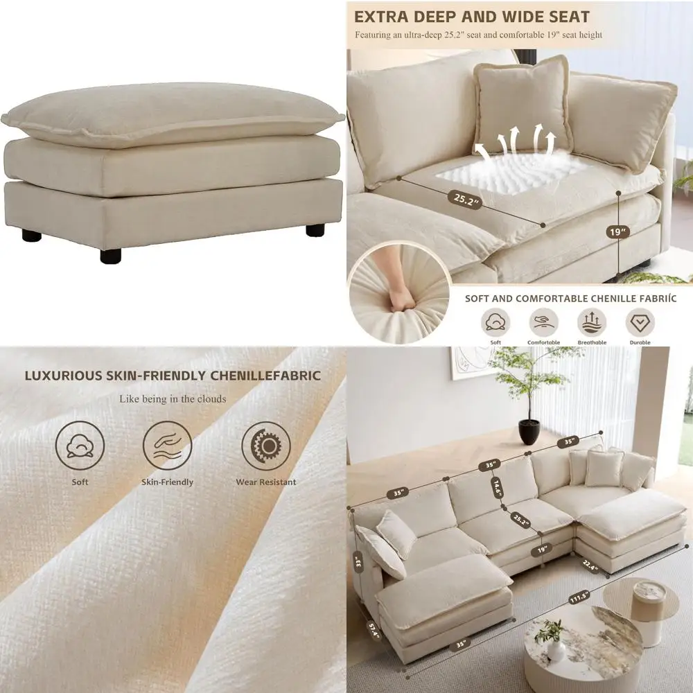 Chenille Sectional Sofa with Ottoman in Light Coffee Color for Stylish Living Room Seating