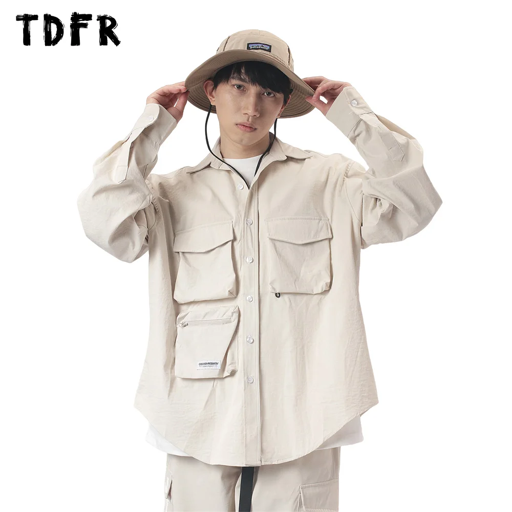 Pocket Cargo Shirts Solid Color Mens Casual Loose Safari Style Lapel Single Breasted Curved Hem Long Sleeve Shirts Men