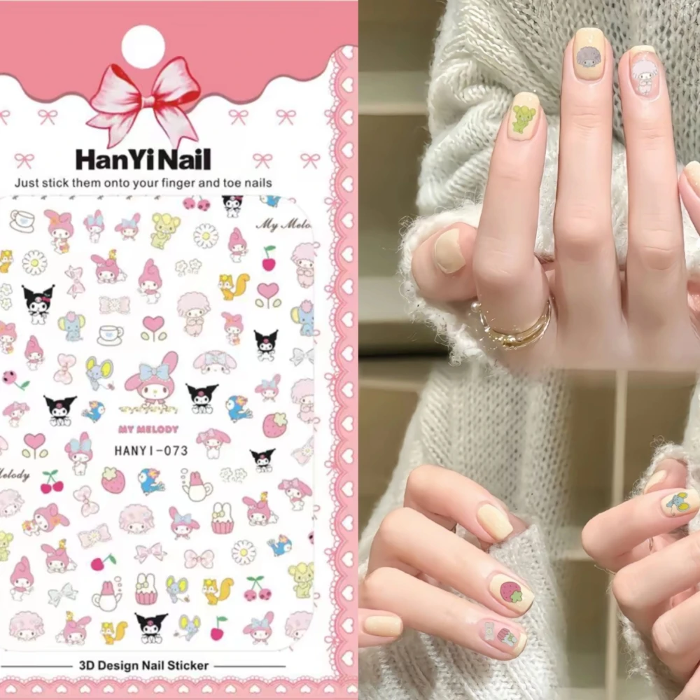 1 sheet HelloKitty Melody Sanrio New 5D Relief Nail Art Stickers Nail Decals for Manicure fashion Design DIY Happy Accessories