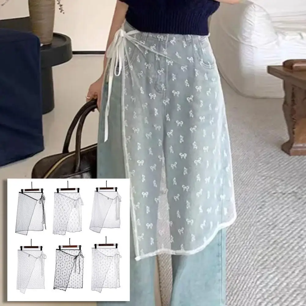 Y2K Blogger Lace Layered Gauze Apron Skirt with Matching Lace Up Pants Trendy Streetwear Wrap Skirt for a Spicy Stacked Look