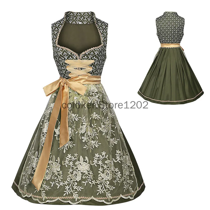 

German Oktoberfest Dirndl Maid Dress Bavarian Women's Designer Square Neck Lace Midi Dress 2-Pieces + Apron