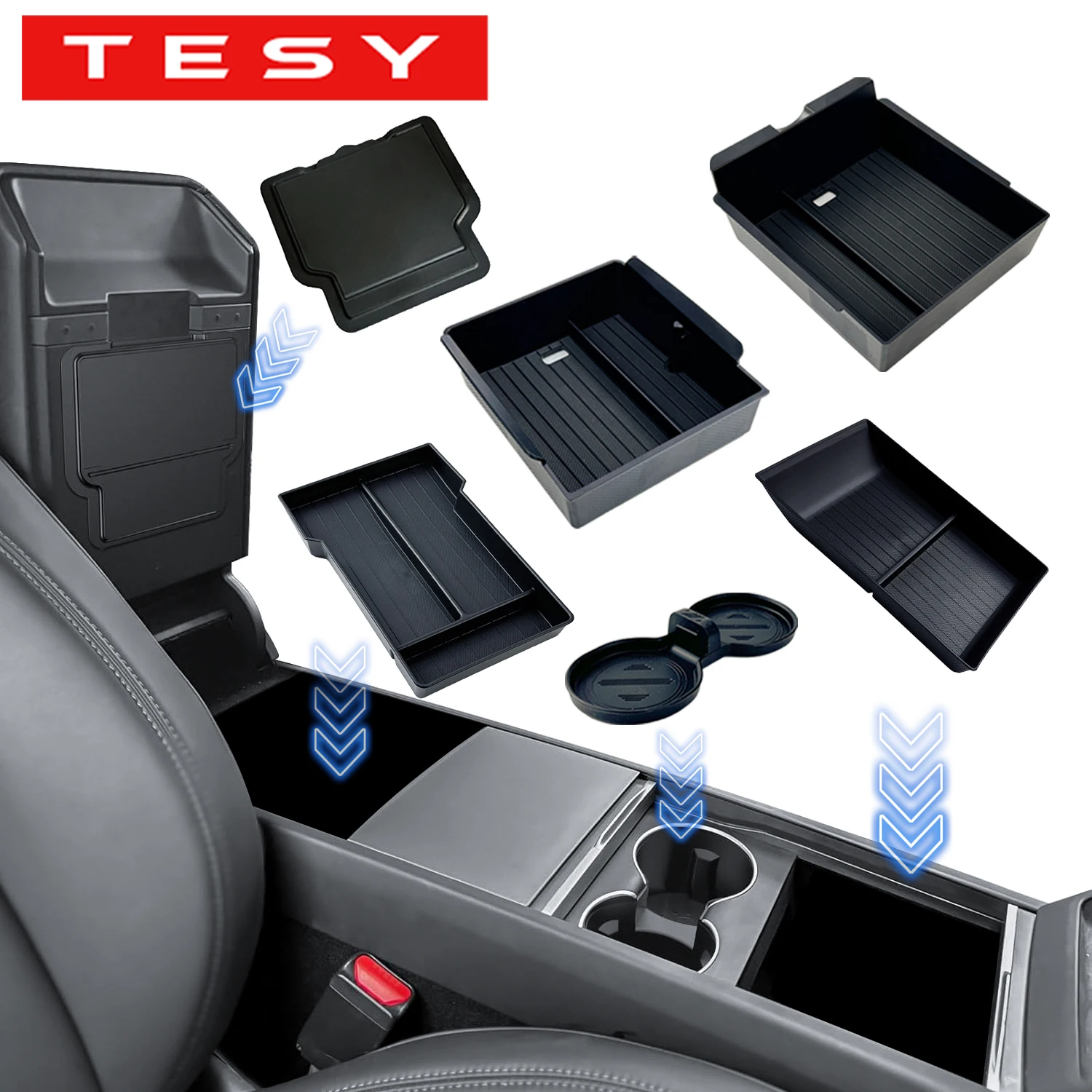 TESY For Tesla Model YL Y Premium Performance Juniper Launch Center Console Storage Armrest Box Upper&Lower Silicone Pad