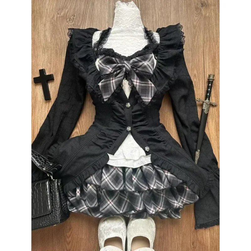 

Y2k Sweet Autumn Winter Lace Skinny Set Women Lace Design Slash Neck Sling Long Sleeve Cardigan + Sexy Waist Plaid Skirt Set New