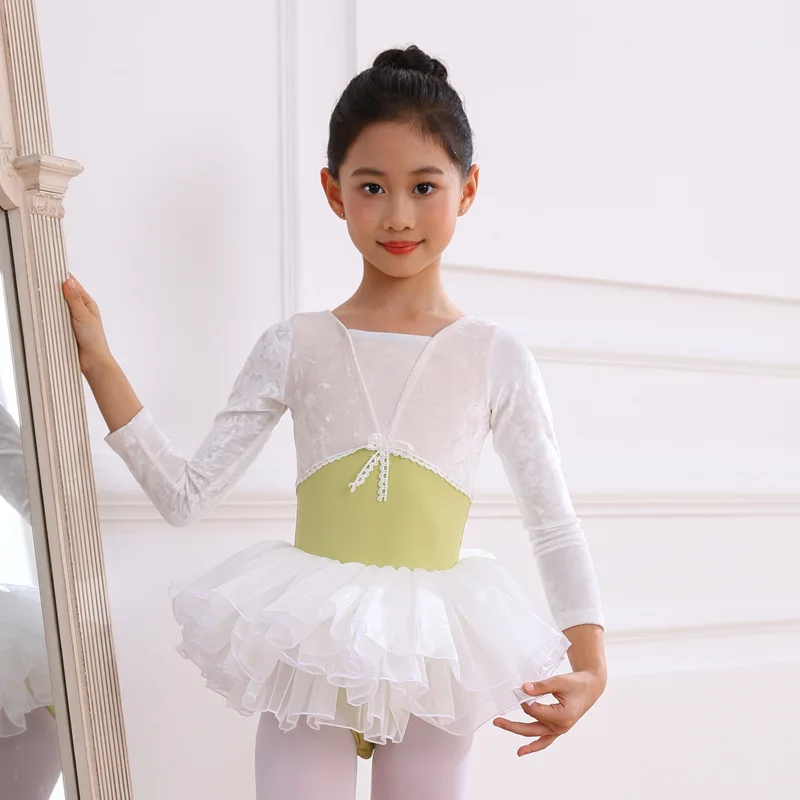 

Autumn green long-sleeve velvet dance leotard with skirt, autumn and winter children's dance training wear, ballet costume