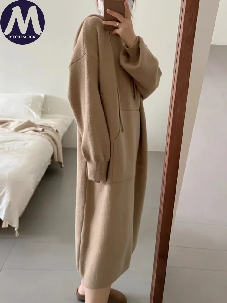 Womens Dresses Autumn/Winter New Lazy Style Knit Hooded Sweaters Dress Fashion Casual Loose Women Mid Length Pullover Dresses