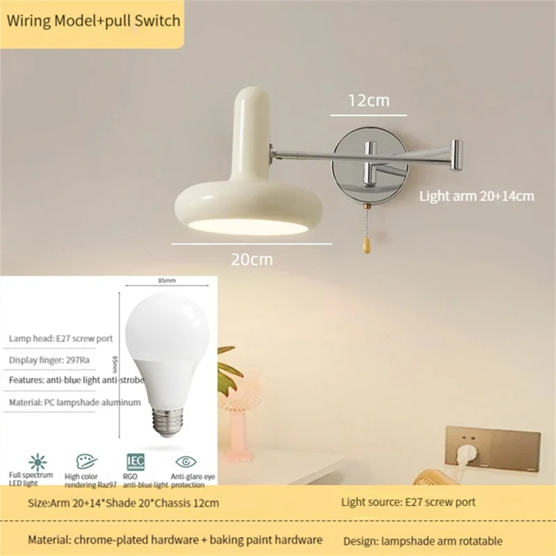 Bauhaus Swing Arm Swivel Wall Lamp with Plug-in Cord Modern LED Lights Bedroom Bedside Rotary Reading Sconce Pull Wire Switch