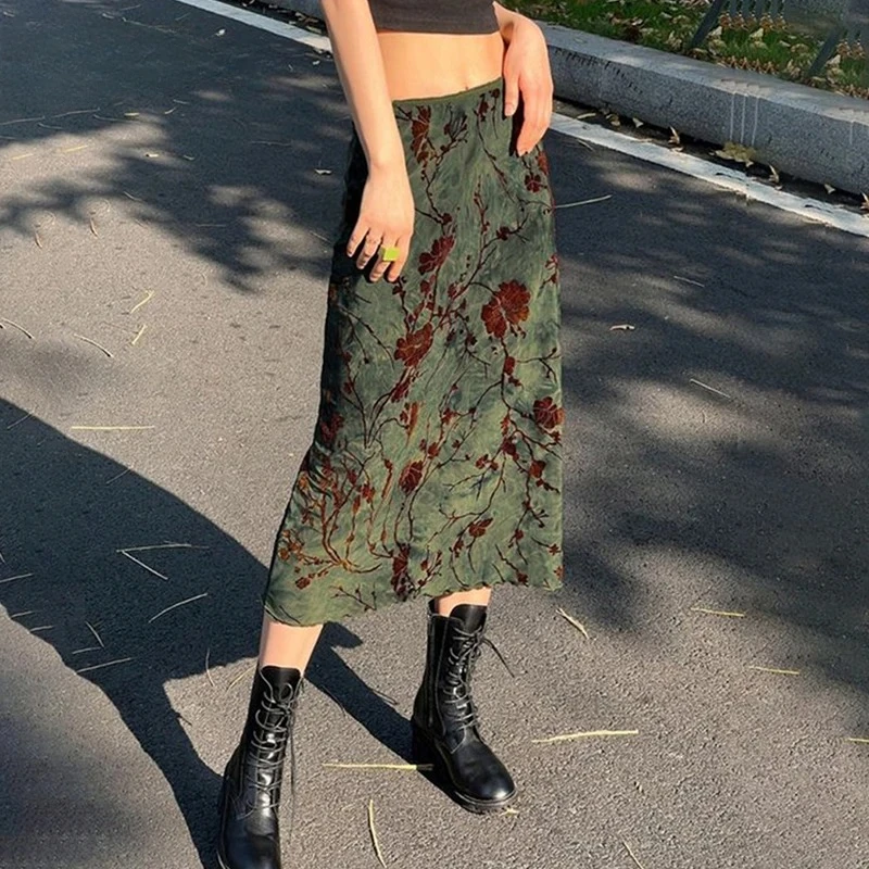 

Harajuku Floral Print Long Skirt Vintage Low Rise Straight Midi Skirts for Women Autumn Basic All-match Skirts Ladies 90s