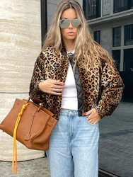 Women Winter Fashion Cotton Coats Vintage Leopard Print Long Sleeves Pocket Zipper Decorate Stand-neck Women Warm Streetwear