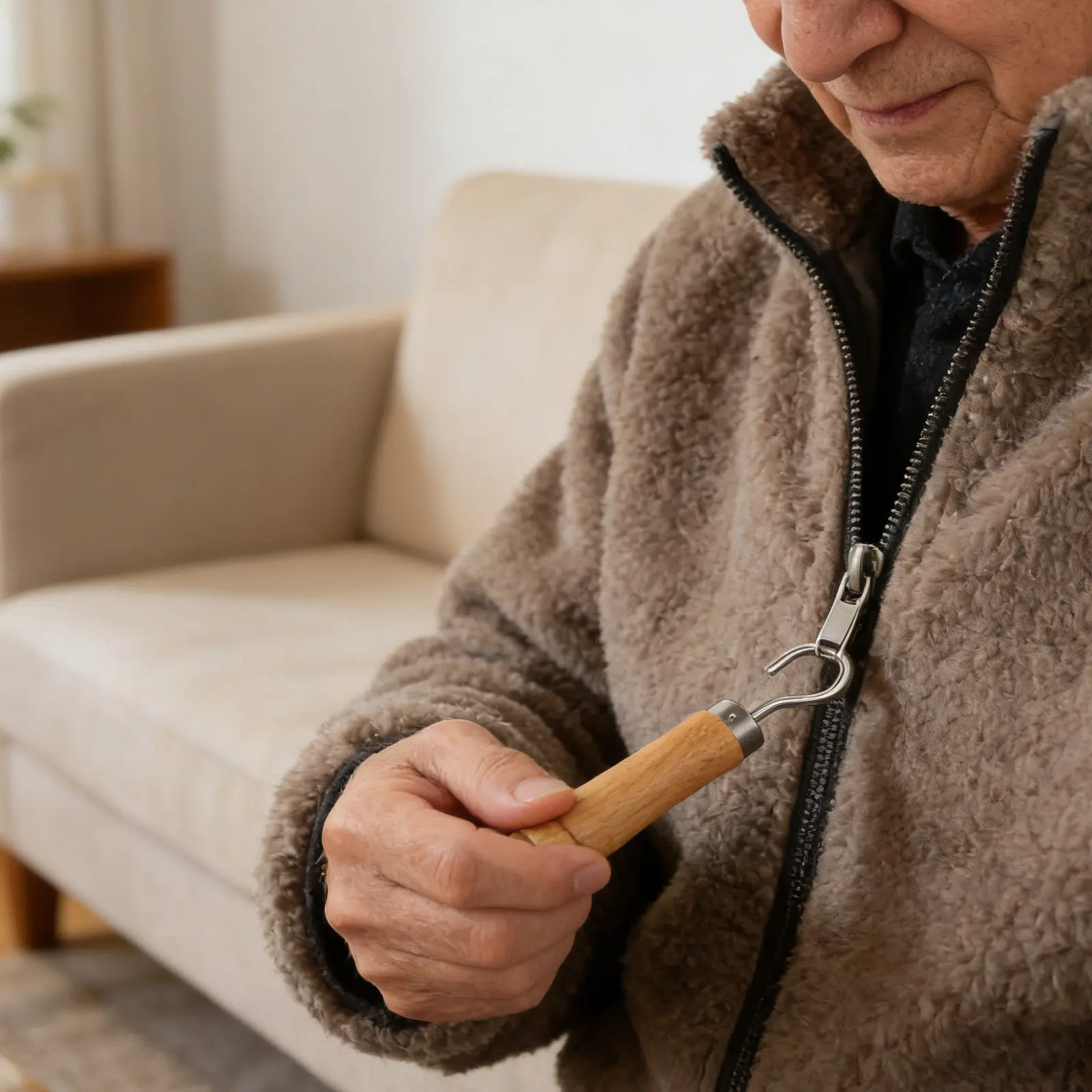 Wooden Handle Zipper Assistance Tool Dressing Aid for Elderly One Hand Use Zipper Pull Help for Seniors with Weak Hands