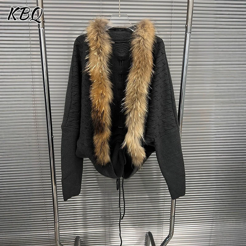 

KBQ Solid Spliced Drawstring Loose Coats for Women Fur Collar Long Sleeve Vintage Design Loose Casual Cihc Dress Female Fashion