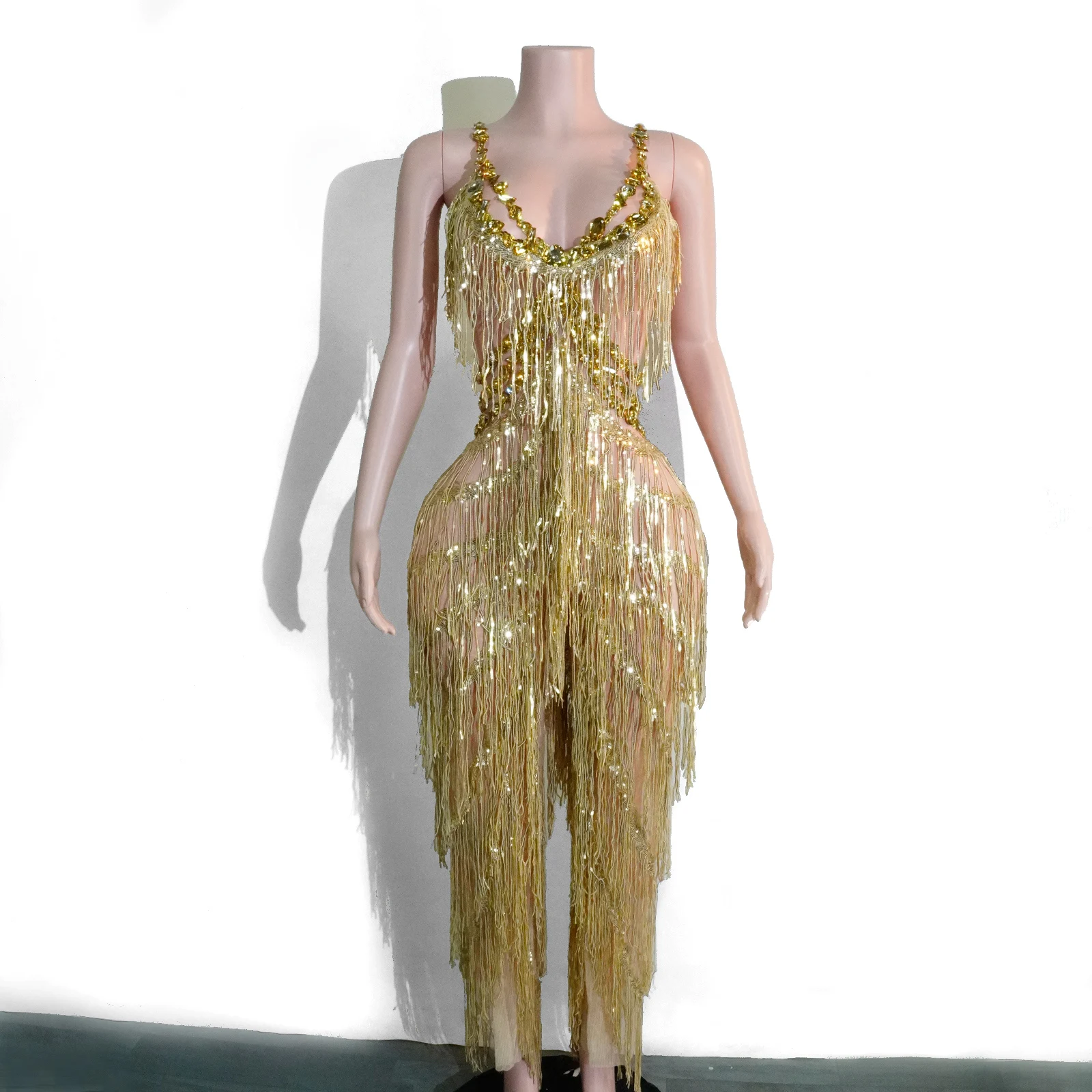 luxury sexy gold fringes jumpsuit sparkle rhinestones club party birthday outfits women drag queen pole dance festival costume
