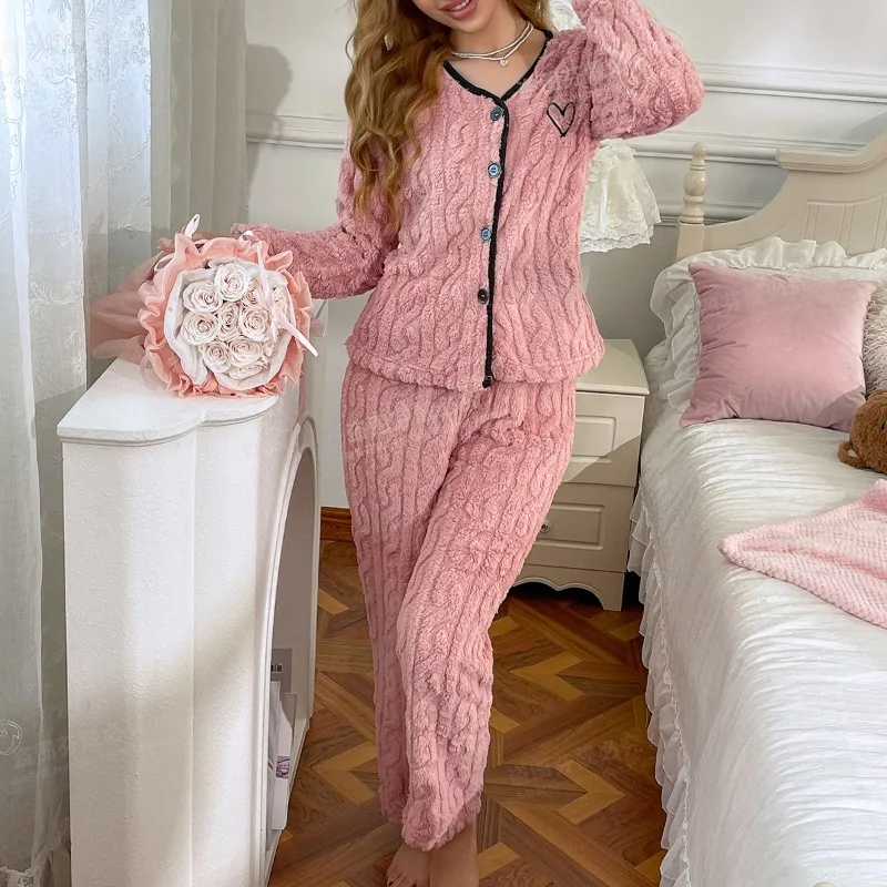 pijama-calido-de-dos-piezas-para-mujer-conjunto-de-moda-de-color-liso-top-con-cuello-en-v-y-cierre-de-una-sola-hilera-pantalon-largo-ideal-para-otono-e-invierno-ropa-de-noche-para-damas