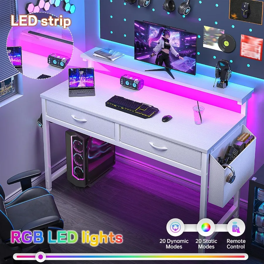 مكتب كمبيوتر 39.4 بوصة مع درجين وأضواء LED للمساحات الصغيرة طاولة كتابة للدراسة والمكتب المنزلي مع جيب جانبي وأموال #5
