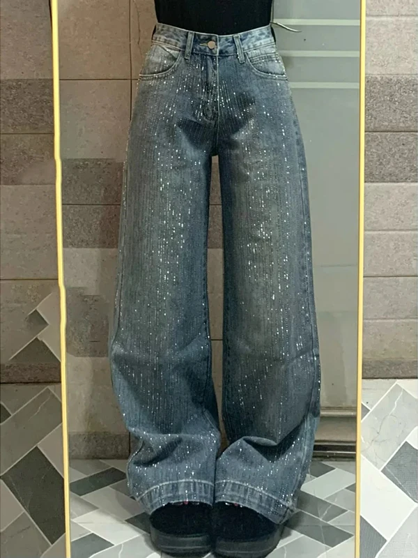 

Low Waist Heavy Embellished Denim Jeans Women's Spring New Loose Straight Wide Leg Sparkling Pants Vintage Style Sequin