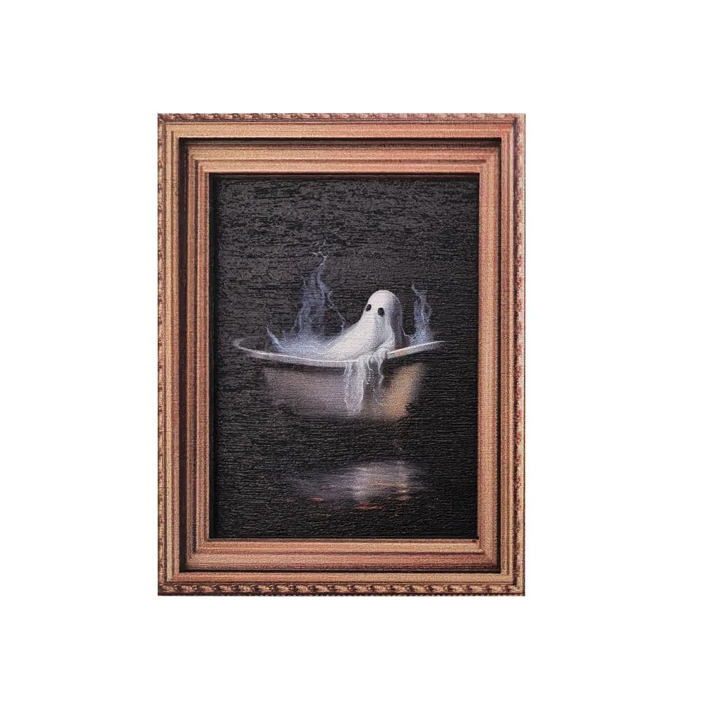 Retro White Ghost and Its Black Cat Poster Photo Mini Magnetic Halloween Fridge Magnet with Frame Decorative
