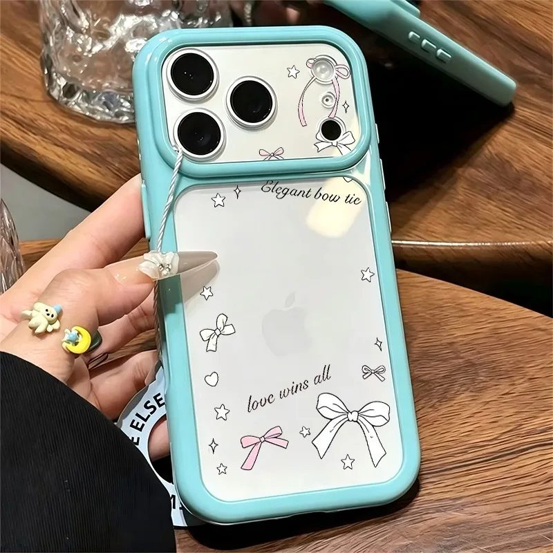 Coquette Pink White Bow Star Heart Letter Print Phone Case, Large Window Soft TPU Shockproof Cover For iPhone