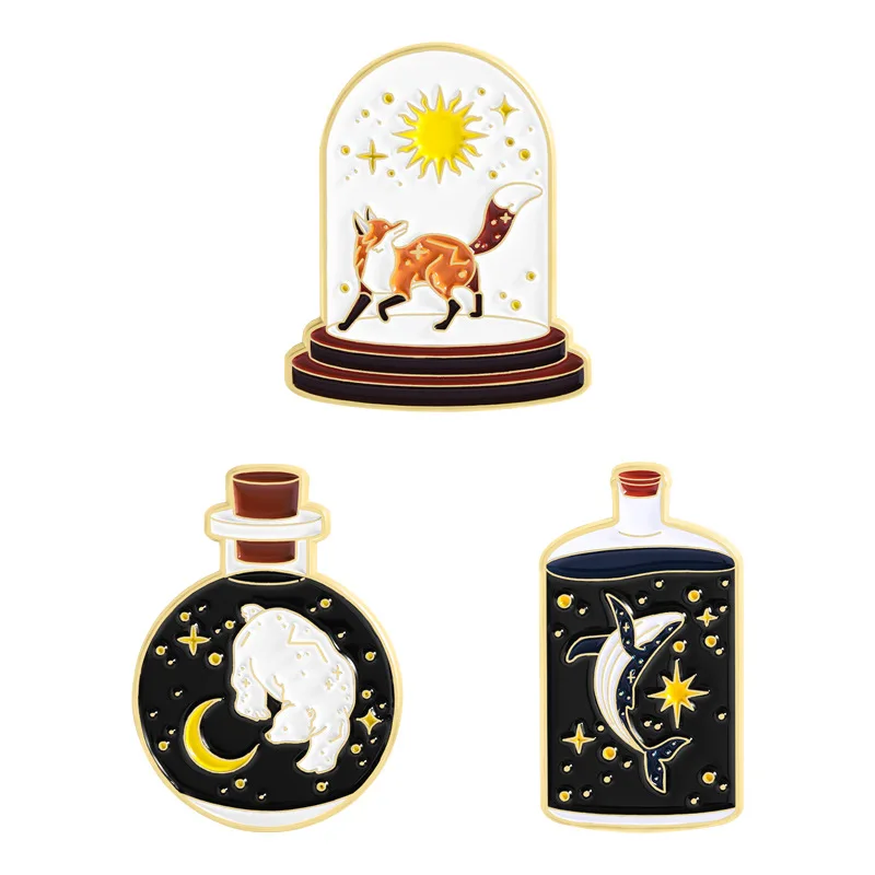 Starry Sky Magic Bottle Animal Enamel Pins 3Pcs Fox Bear Whale Brooch Lapel Badge Perfect For Teen Girls Nature Lovers Bag Decor view 3