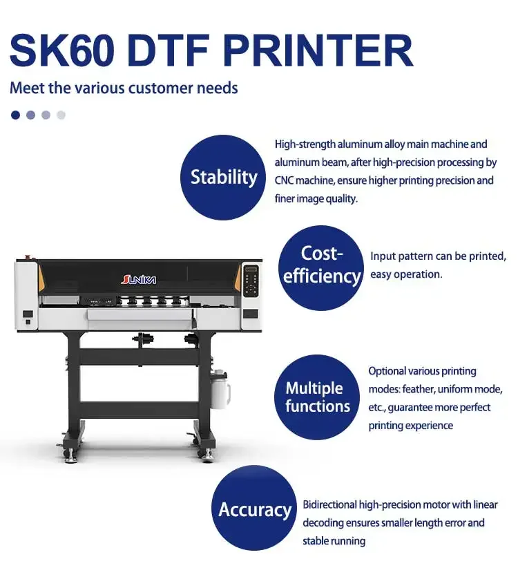 Sunika 60 cm Best printing effect DTF Printer with White Ink Circulation Direct to Film Digital A3/A4/A1 Print