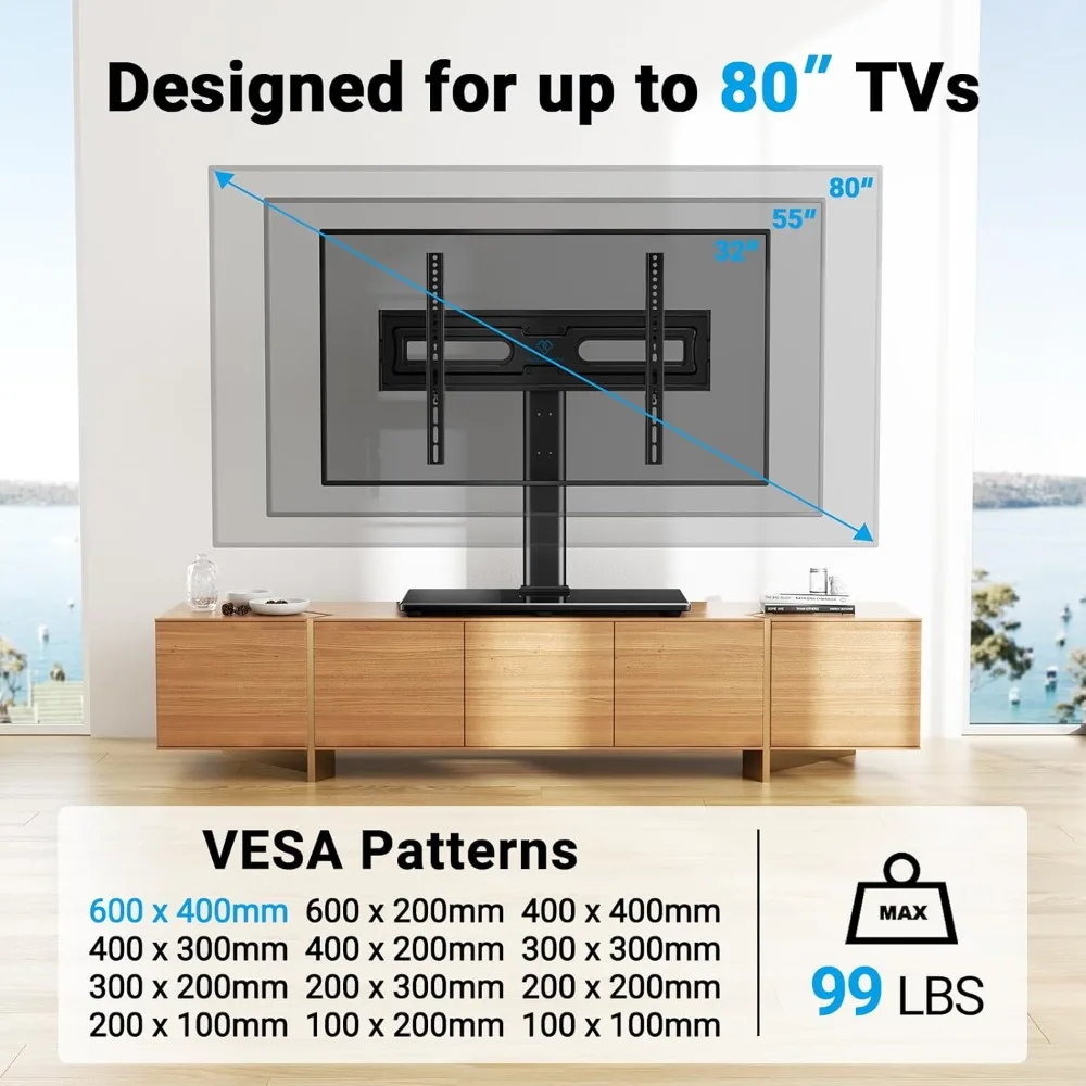 Swivel Universal TV Stand Mount for 32-80 Inch LCD OLED Flat/Curved Screen TVs up to 99lbs-Height Adjustable Table