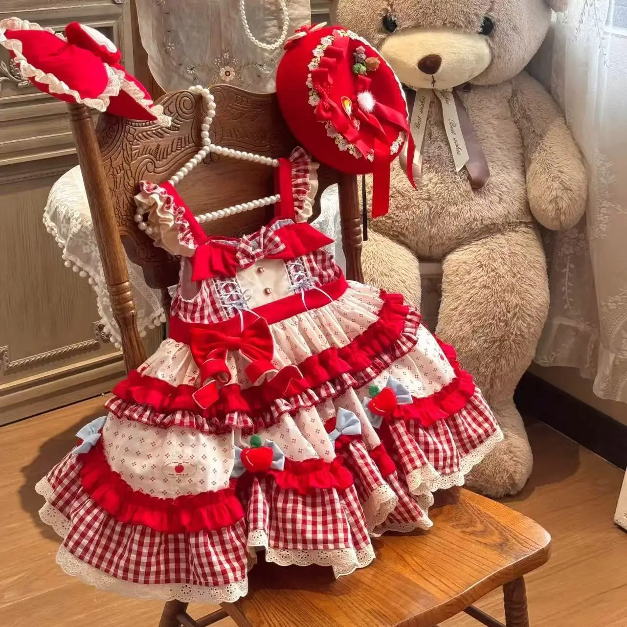 

Baby Girl Summer Pink Sweet Lolita Red Plaid Floral Lace Princess Gauze Ball Gown Dress Birthday Wedding Party Eid Clothes