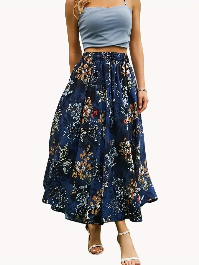 Jupe Boho à imprimé Floral pour femmes, Vintage, taille haute, Maxi, décontractée, ample, pour la plage, élégante, fluide, ligne a, été