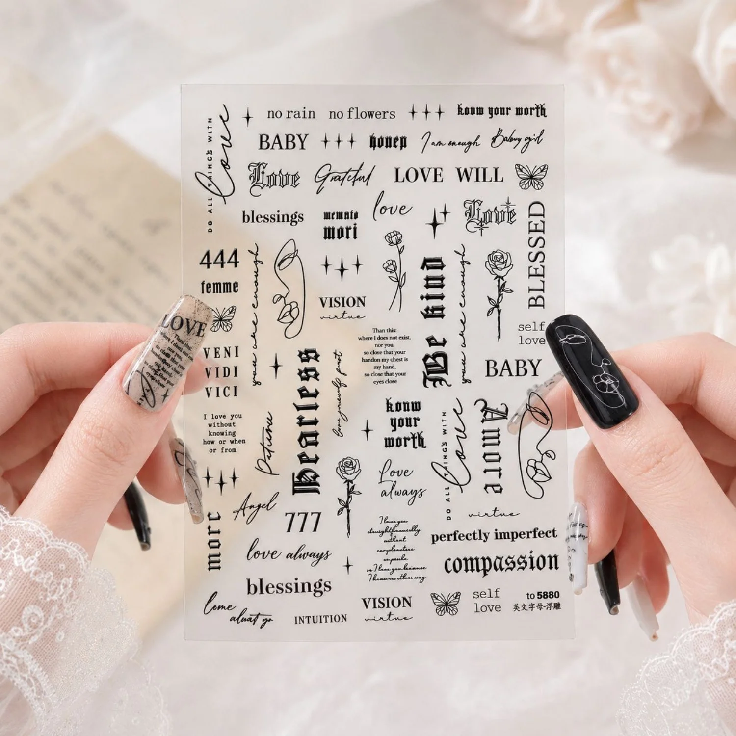 Relief Gothic Letter Rose Flower Nail Decals 5D Vintage Words Font Latin Quote Numerals Angel Butterfly Star Nail Art Sticker