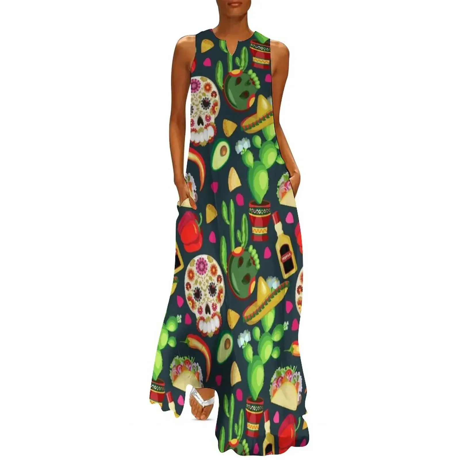 

Holidays of Cinco de Mayo andDay of the Dead. Symbols of the Mexican holiday Long Dress Woman clothes Dress