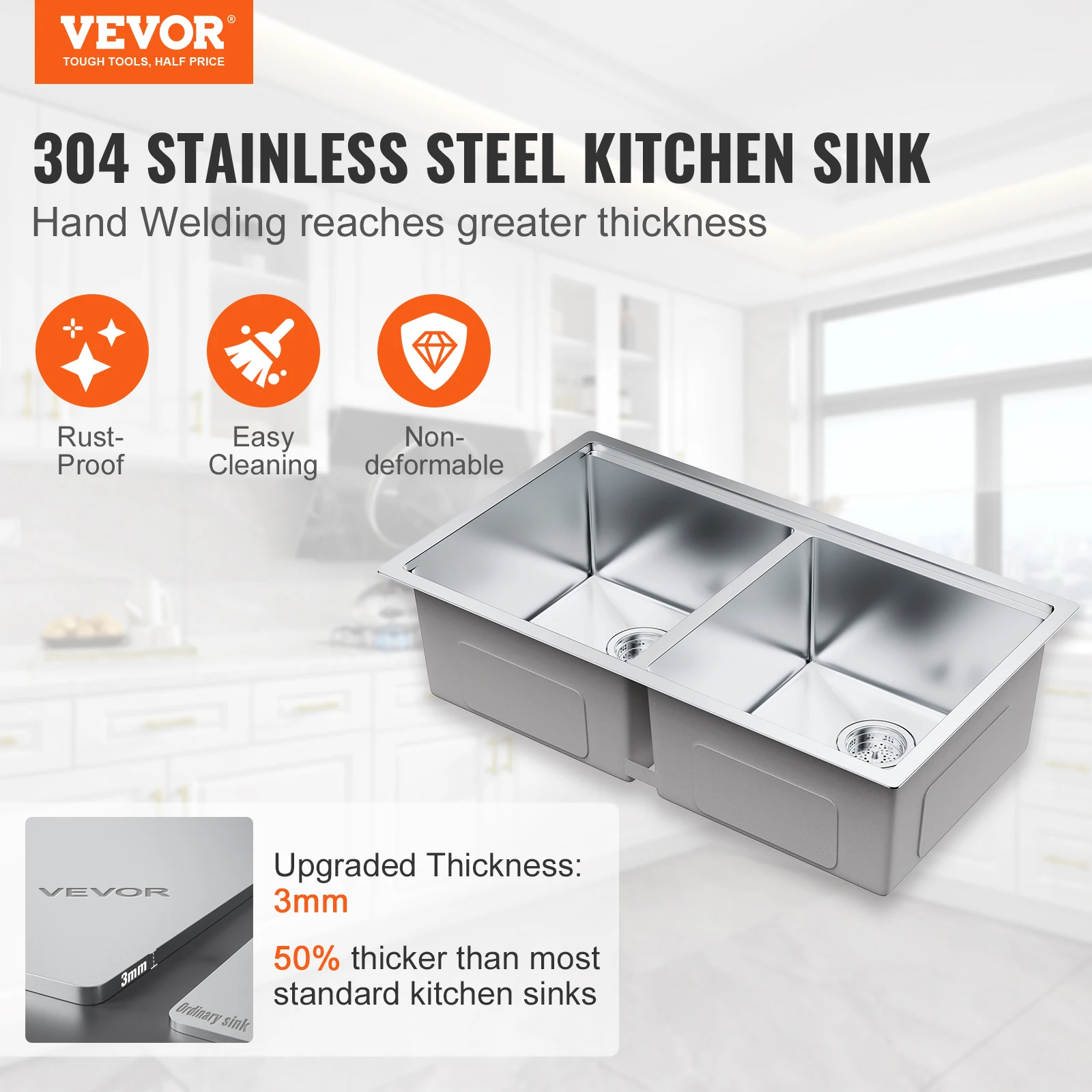 VEVOR 33inch  Kitchen Sink  Single/Double Bowl Stainless Steel Sink Workstation Step Sink with Cutting Board and Basket Strainer