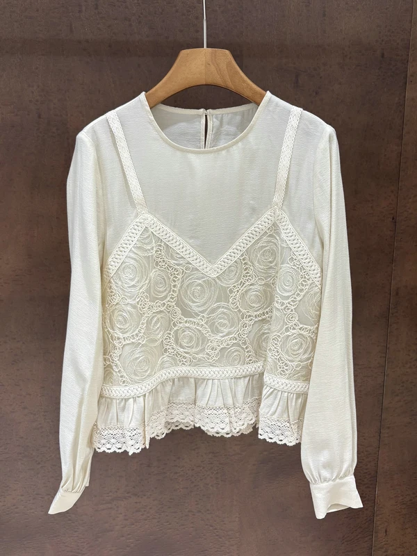

Korean Style round Neck Lace Silk Vest Fake Two-Piece Doll Shirt Women's Short Outerwear Spring Fashion Floral Pattern