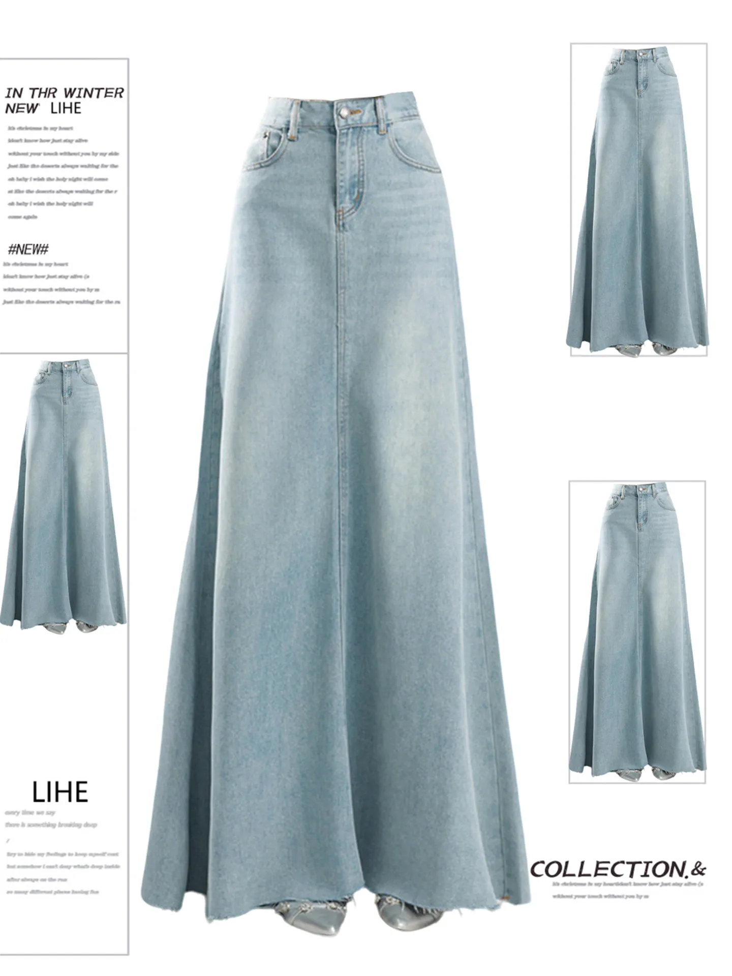 Korean Style Frayed Hem Denim Midi Skirt Women's New plus Size Flattering High Waist A-Line Skirt Casual Cotton Blend
