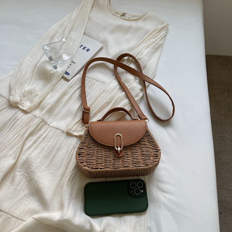 

Соломенная пляжная сумка из искусственной кожи, летняя сумка на плечо с клапаном, кошелек-клатч, сумка через плечо ручной работы для женщин