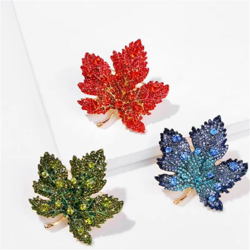 Rinhoo Crystal Double Red Maple Leaves Brooches Plant Brooch For Women Pearl Leaf Buckle Pins Badge Jewelry Gift