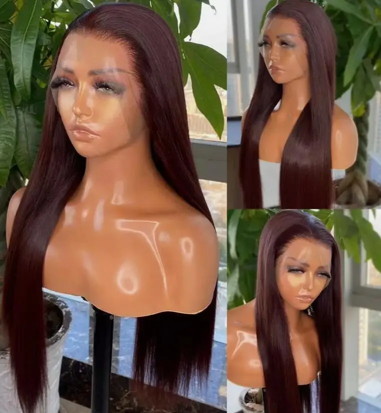 Long Straight Synthetic Hair Reddish brown T Lace Frontal Wigs Layered